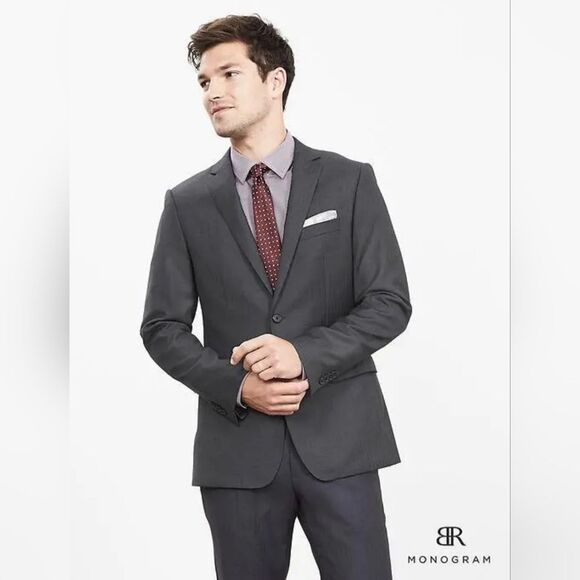 Banana Republic BR Monogram Charcoal Slim Fit Double Bent Italian Wool Blazer